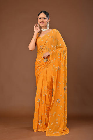 Yellow Platinum Chiffon Saree with Aari Kasab Jaal with sequins