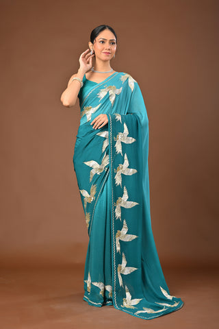Shaded Teal Green Platinum Chiffon Saree with Aari Kasab Ganga Jamuni Bird Motif border with zardozi and sequins