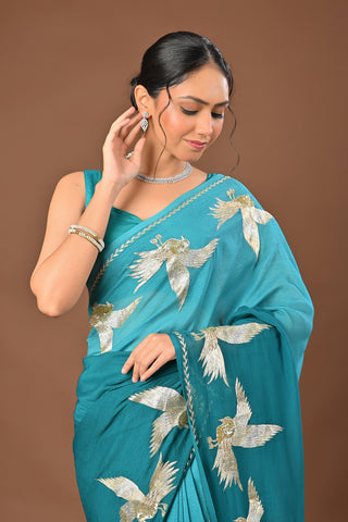 Shaded Teal Green Platinum Chiffon Saree with Aari Kasab Ganga Jamuni Bird Motif border with zardozi and sequins