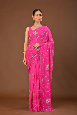 Rani Platinum Chiffon Saree with Aari Kasab Jaal with zarozi and sequins motifs