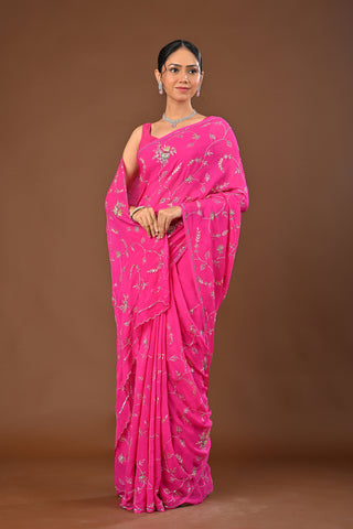 Rani Platinum Chiffon Saree with Aari Kasab Jaal with zarozi and sequins motifs