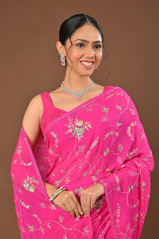 Rani Platinum Chiffon Saree with Aari Kasab Jaal with zarozi and sequins motifs