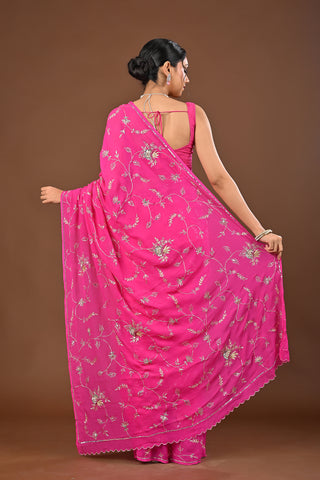 Rani Platinum Chiffon Saree with Aari Kasab Jaal with zarozi and sequins motifs