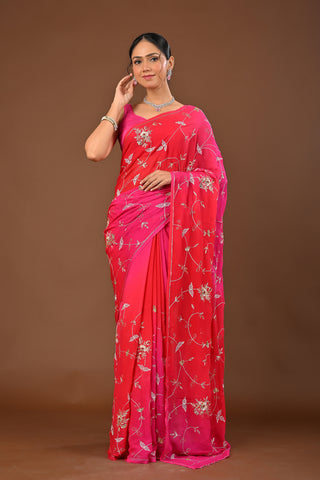 Shaded Rani Orange Platinum Chiffon Saree with Aari Kasab Jaal Highlight Kardhana with Zardozi Kasab Boota