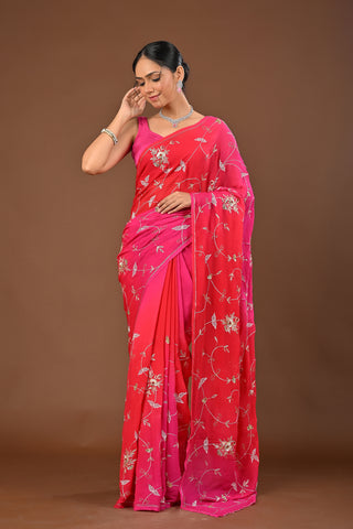 Shaded Rani Orange Platinum Chiffon Saree with Aari Kasab Jaal Highlight Kardhana with Zardozi Kasab Boota