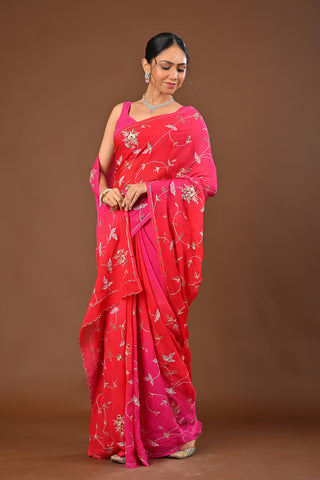 Shaded Rani Orange Platinum Chiffon Saree with Aari Kasab Jaal Highlight Kardhana with Zardozi Kasab Boota