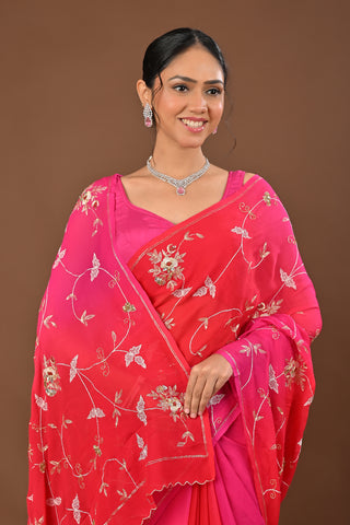 Shaded Rani Orange Platinum Chiffon Saree with Aari Kasab Jaal Highlight Kardhana with Zardozi Kasab Boota