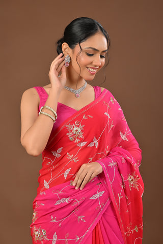 Shaded Rani Orange Platinum Chiffon Saree with Aari Kasab Jaal Highlight Kardhana with Zardozi Kasab Boota