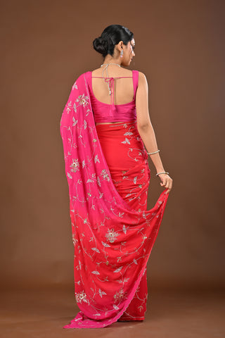 Shaded Rani Orange Platinum Chiffon Saree with Aari Kasab Jaal Highlight Kardhana with Zardozi Kasab Boota