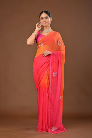 Orange Gajari Shaded Chiffon Saree with Fancy Cutdana