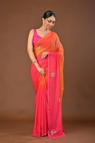 Orange Gajari Shaded Chiffon Saree with Fancy Cutdana