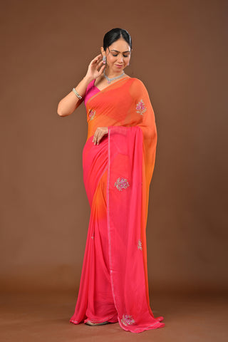 Orange Gajari Shaded Chiffon Saree with Fancy Cutdana