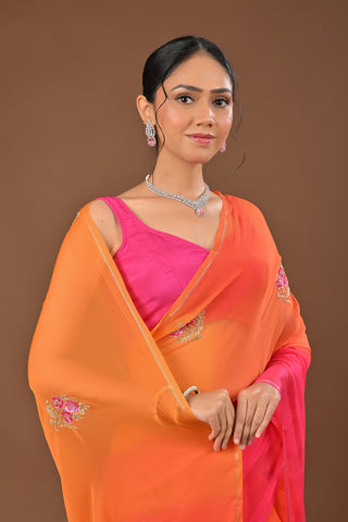 Orange Gajari Shaded Chiffon Saree with Fancy Cutdana