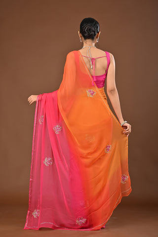 Orange Gajari Shaded Chiffon Saree with Fancy Cutdana