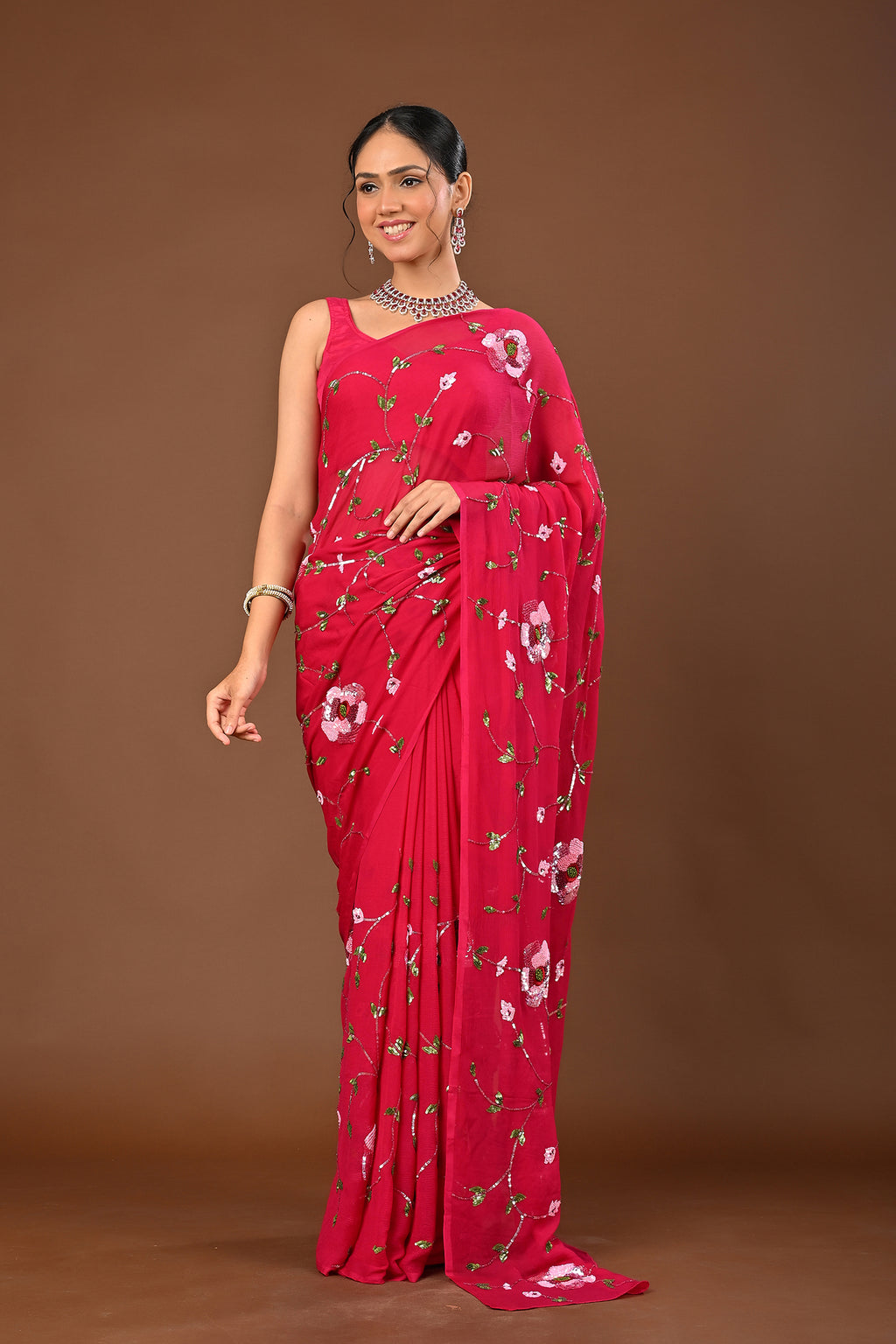 Dark Rani Platinum Chiffon Saree with Color sequins heavy Jaal with se ...