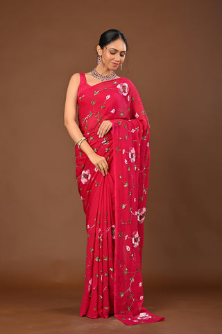 Dark Rani Platinum Chiffon Saree with Color sequins heavy Jaal with sequins heavy boota with knot work