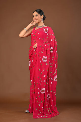 Dark Rani Platinum Chiffon Saree with Color sequins heavy Jaal with sequins heavy boota with knot work