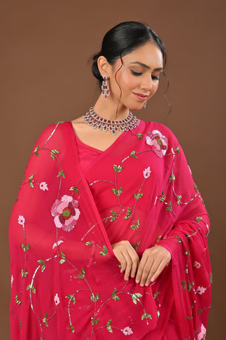 Dark Rani Platinum Chiffon Saree with Color sequins heavy Jaal with sequins heavy boota with knot work