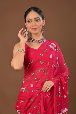 Dark Rani Platinum Chiffon Saree with Color sequins heavy Jaal with sequins heavy boota with knot work