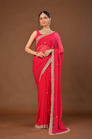 Rani Chiffon Saree with Mirror and Resham cutwork Border with cutdana