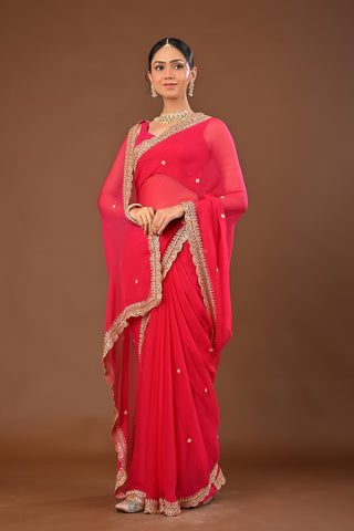 Rani Chiffon Saree with Mirror and Resham cutwork Border with cutdana