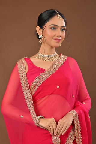 Rani Chiffon Saree with Mirror and Resham cutwork Border with cutdana