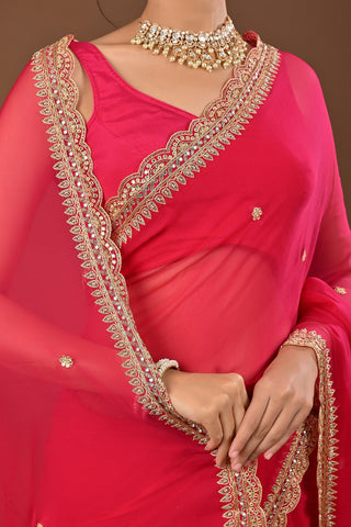 Rani Chiffon Saree with Mirror and Resham cutwork Border with cutdana
