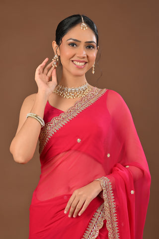Rani Chiffon Saree with Mirror and Resham cutwork Border with cutdana
