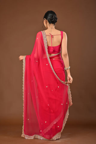 Rani Chiffon Saree with Mirror and Resham cutwork Border with cutdana