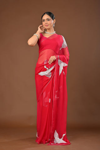 Rani Chiffon Saree with Silver kasab Aari