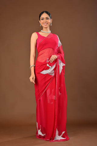 Rani Chiffon Saree with Silver kasab Aari