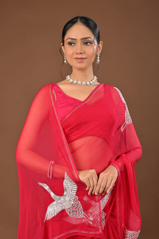 Rani Chiffon Saree with Silver kasab Aari