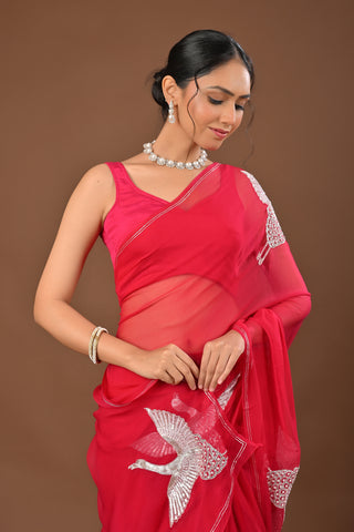 Rani Chiffon Saree with Silver kasab Aari
