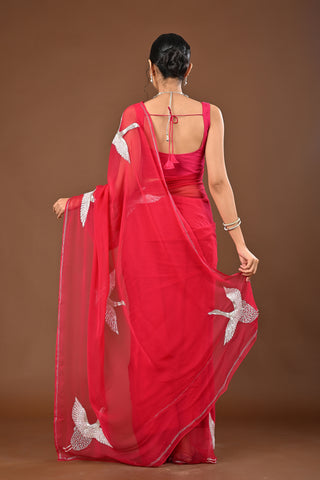 Rani Chiffon Saree with Silver kasab Aari