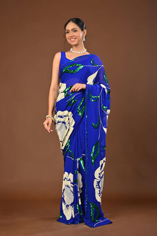 Royal Blue Platinum Chiffon Saree with Heavy sequins offwhite flower big boota with green contrast jaal all over