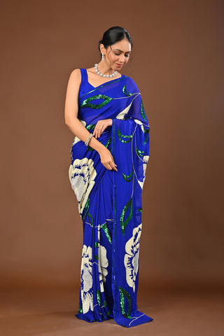 Royal Blue Platinum Chiffon Saree with Heavy sequins offwhite flower big boota with green contrast jaal all over