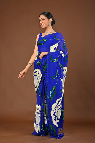 Royal Blue Platinum Chiffon Saree with Heavy sequins offwhite flower big boota with green contrast jaal all over