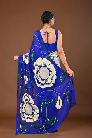 Royal Blue Platinum Chiffon Saree with Heavy sequins offwhite flower big boota with green contrast jaal all over