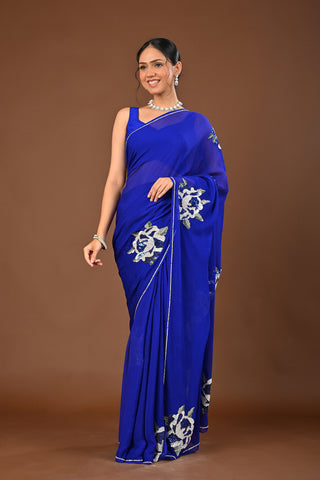 Royal Blue Platinum Chiffon Saree with Sequins heavy boota