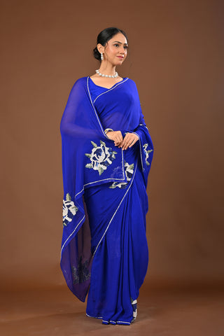 Royal Blue Platinum Chiffon Saree with Sequins heavy boota