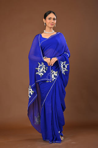 Royal Blue Platinum Chiffon Saree with Sequins heavy boota