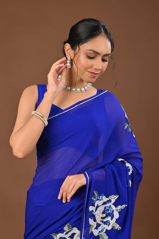 Royal Blue Platinum Chiffon Saree with Sequins heavy boota
