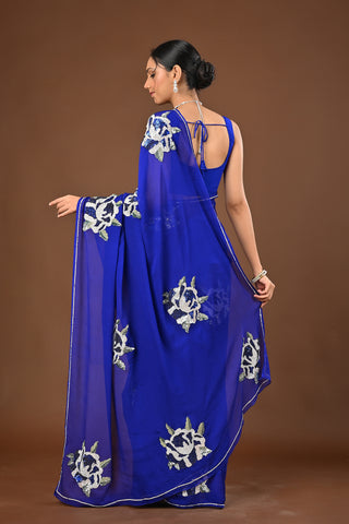 Royal Blue Platinum Chiffon Saree with Sequins heavy boota