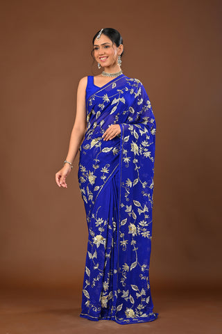 Royal Blue Platinum Chiffon Saree with Aari Kasab Jaal with Zardozi and requins motifs