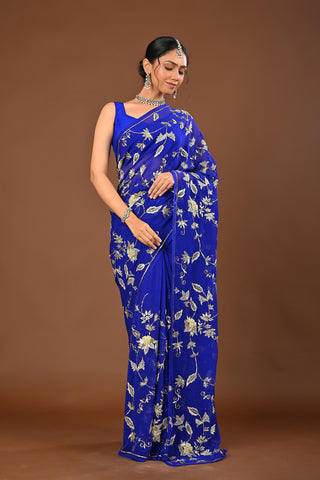 Royal Blue Platinum Chiffon Saree with Aari Kasab Jaal with Zardozi and requins motifs