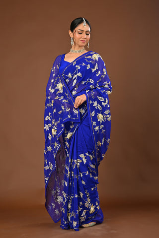 Royal Blue Platinum Chiffon Saree with Aari Kasab Jaal with Zardozi and requins motifs