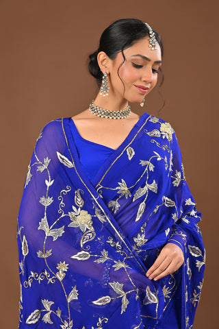 Royal Blue Platinum Chiffon Saree with Aari Kasab Jaal with Zardozi and requins motifs