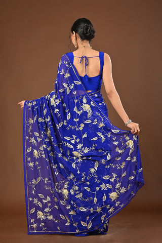 Royal Blue Platinum Chiffon Saree with Aari Kasab Jaal with Zardozi and requins motifs