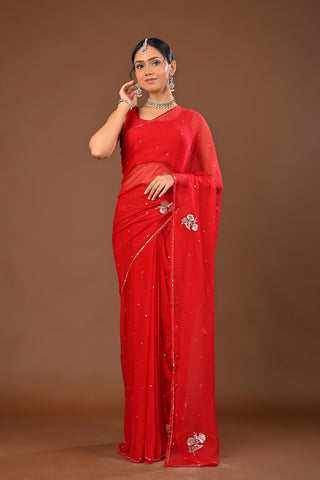 Red Chiffon Saree with Aari Kasab Cutting Jali boota with Zardozi and sequins