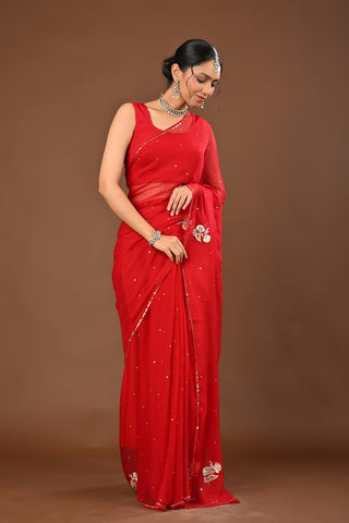 Red Chiffon Saree with Aari Kasab Cutting Jali boota with Zardozi and sequins